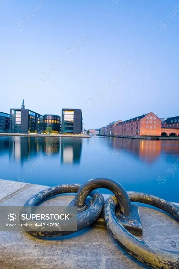 Modern architecture of Inderhavn next to old warehouses in Christianshavn, Copenhagen, Denmark