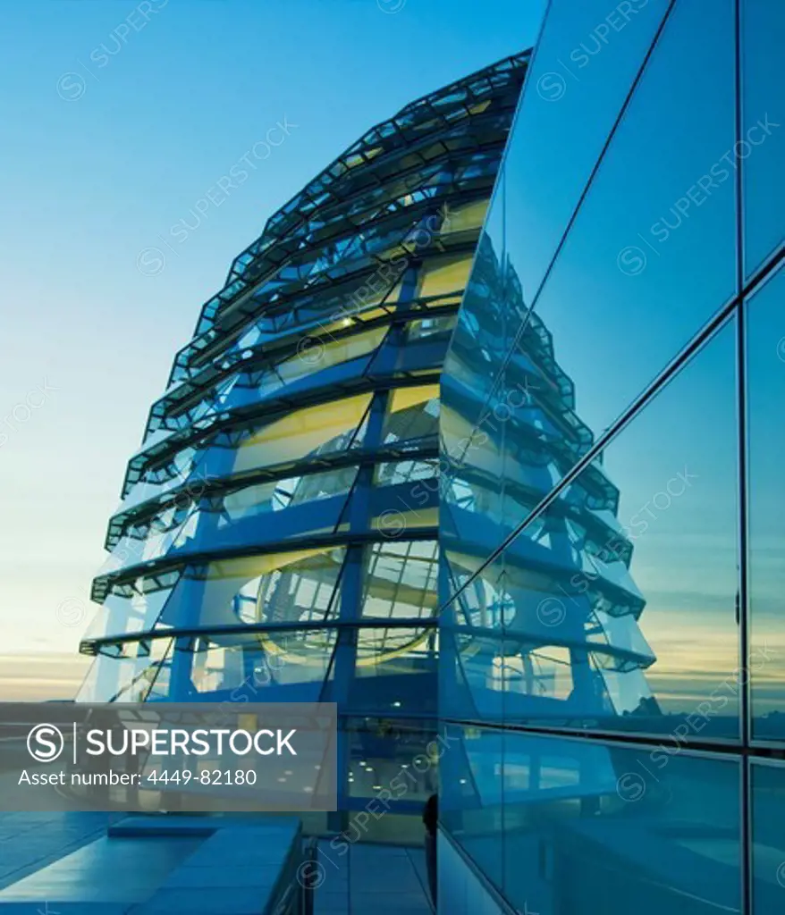 Reichstag buidling, roof top terasse cupola by Sir Norman forster at twilight, Berlin