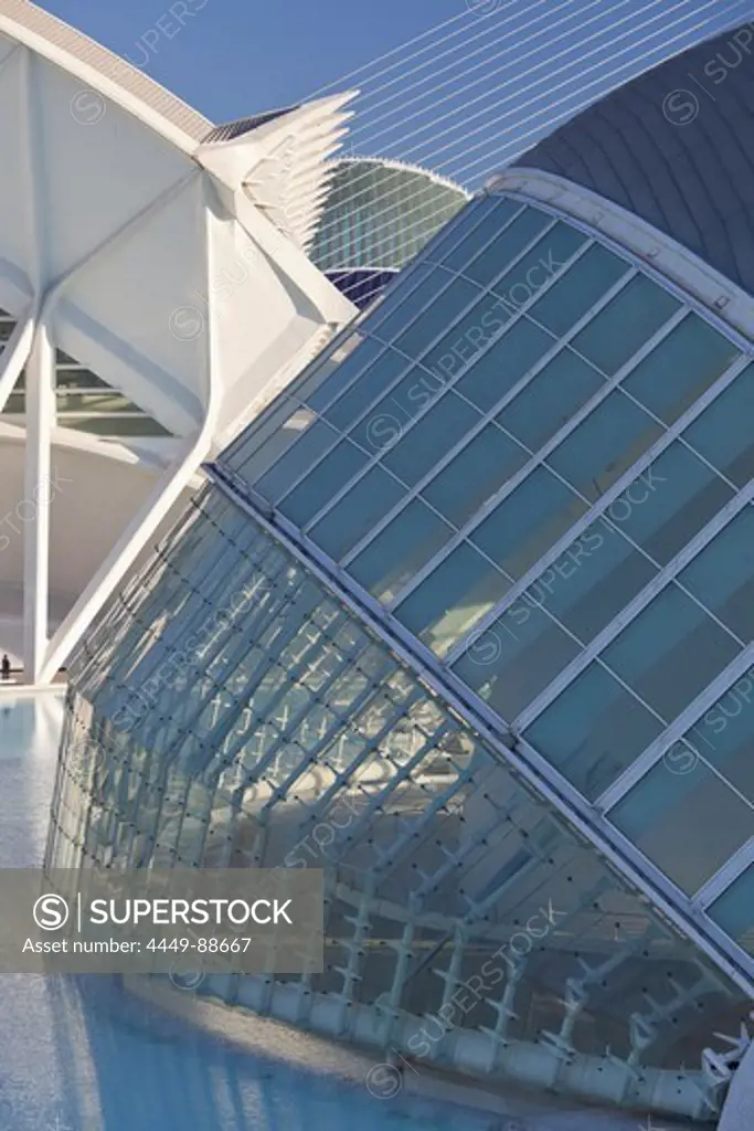 Detail of the IMAX cinema L'Hemispheric, Ciudad de las Artes y de las Ciencias, Valencia, Spain, Europe