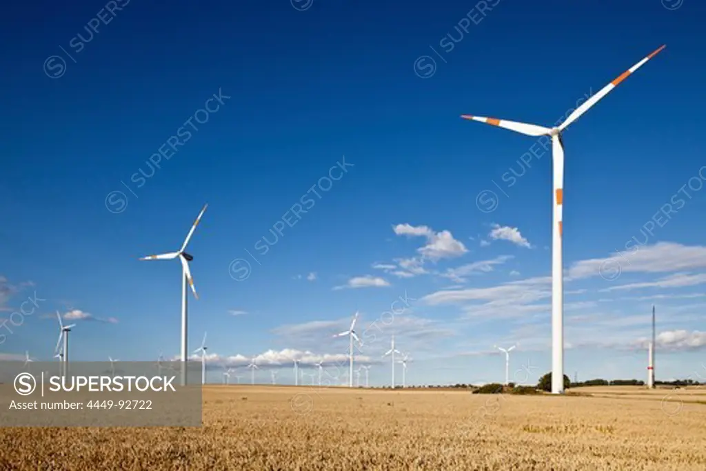 Wind turbines along the A2 Autobahn direction Berlin, Sachsen-Anhalt, Germany