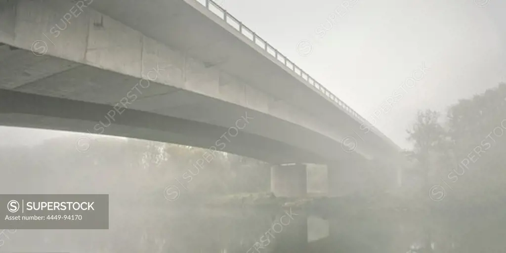 A8 freeway bridge surrounded by fog, Danube river, Leipheim around Guenzburg, Schwaben, Bavaria, Germany