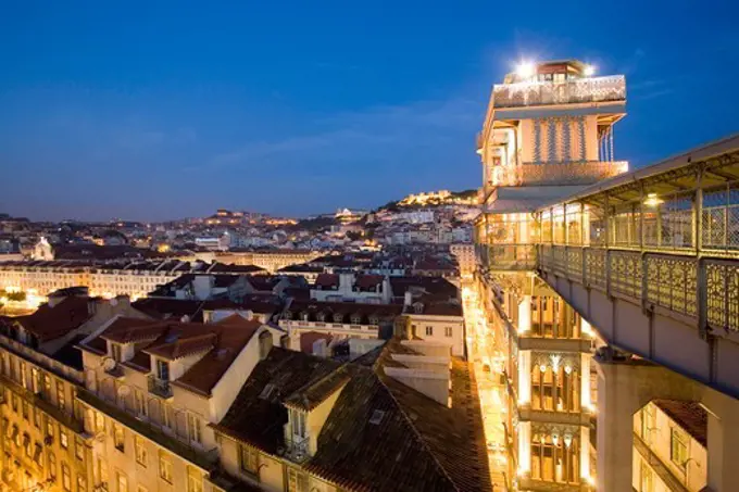 Portugal, Lisbon, Portugal, Lisbon, Portugal, View from Elevator Santa Justa towords Castelo Sao Jorge at twilight