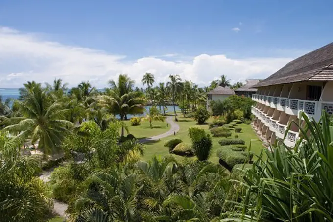 Tropical garden of InterContinental Tahiti Resort Hotel, Tahiti, Society Islands, French Polynesia