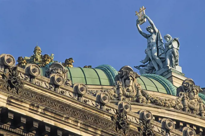 Opera Garnier, roof sculpture of Apollo with Poetry and Music, figures from Greek mythology, second Empire, Paris, France