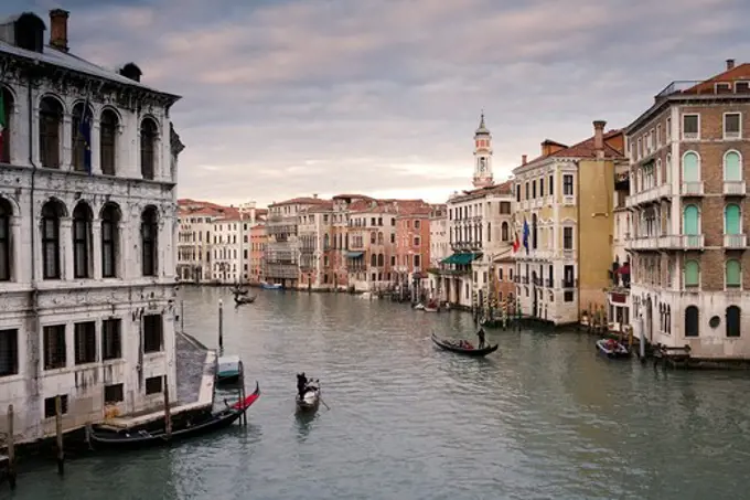 View over Canal Grande with Palazzo dei Camerlenghi on the left, in the background Chiesasi San Giovanni Grisostomo, Venice, Italy, Europe