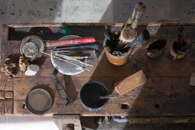 Brushes and paints in Miro's Studio at Fundacio Pilar i Joan Miro, Palma, Mallorca, Balearic Islands, Spain, Europe