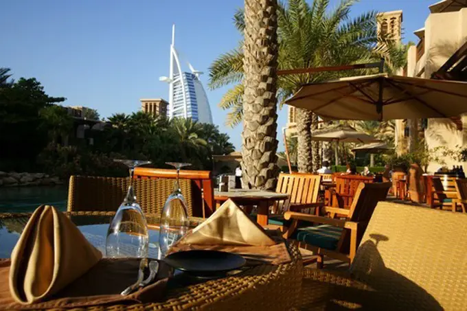 Restaurant at Madinat Jumeirah, Burj Dubai, Dubai, UAE, United Arab Emirates, Middle East, Asia