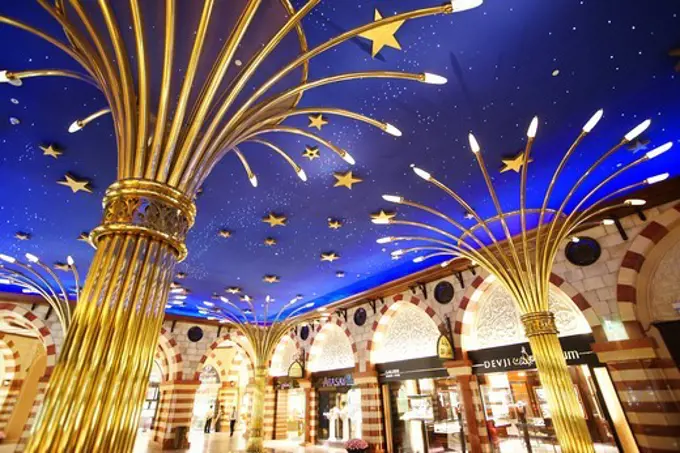 Illuminated shops inside Dubai Shopping Mall, Dubai, UAE, United Arab Emirates, Middle East, Asia