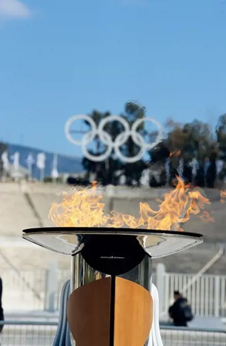 Olympic Flame and olympic rings at Panathenian Stadium, Athens, Greece