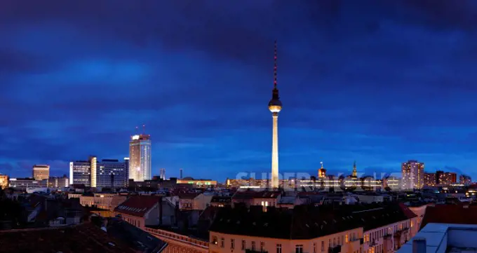 Evening view over Berlin Mitte towards the Berlin Television Tower, Fernsehturm, Berlin Mitte, Berlin, Germany