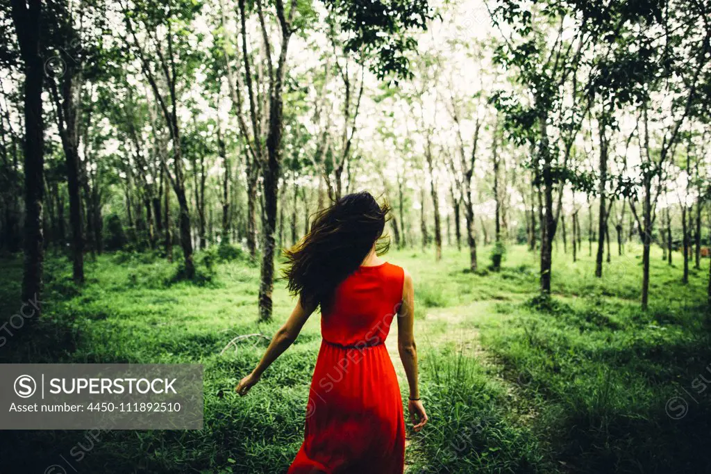 Rear view of young woman wearing red dress running in a forest.