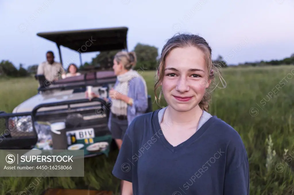 portrait of Thirteen year old girl on safari, Botswana