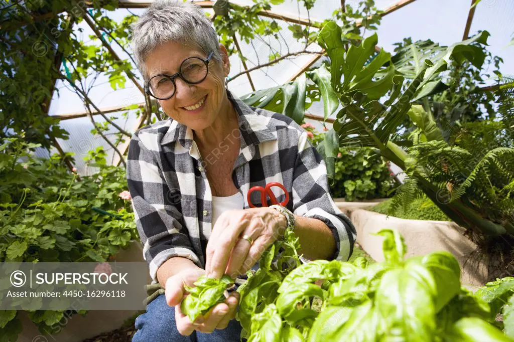 senior woman gardening in geodesic dome