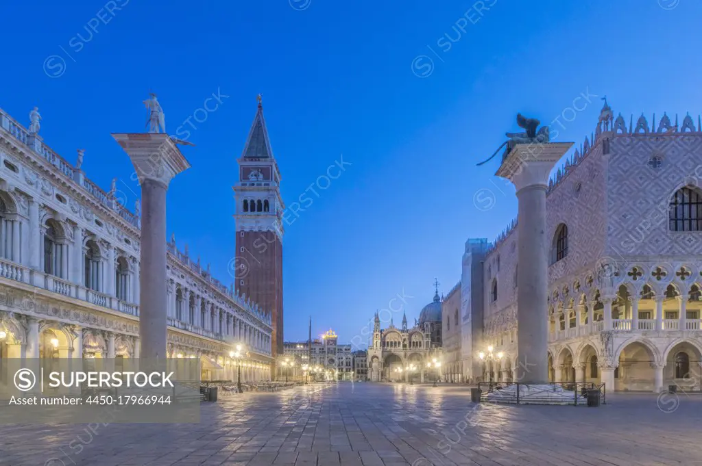 St Mark's Square lit up at night, Venice, Italy.