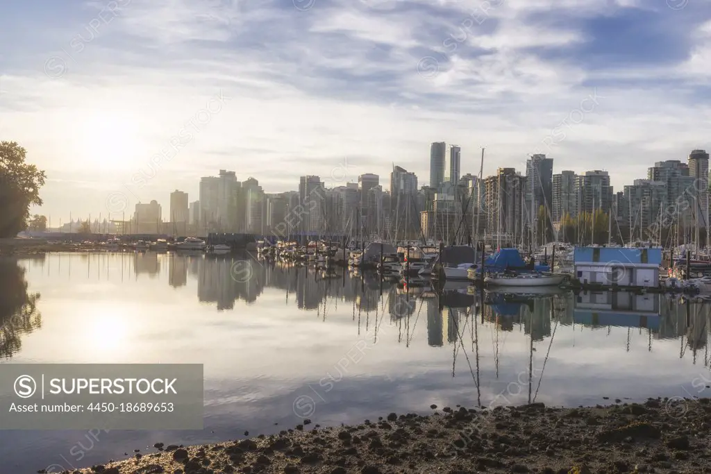 Boats moored in Vancouver harbour with skyscrapers behind.