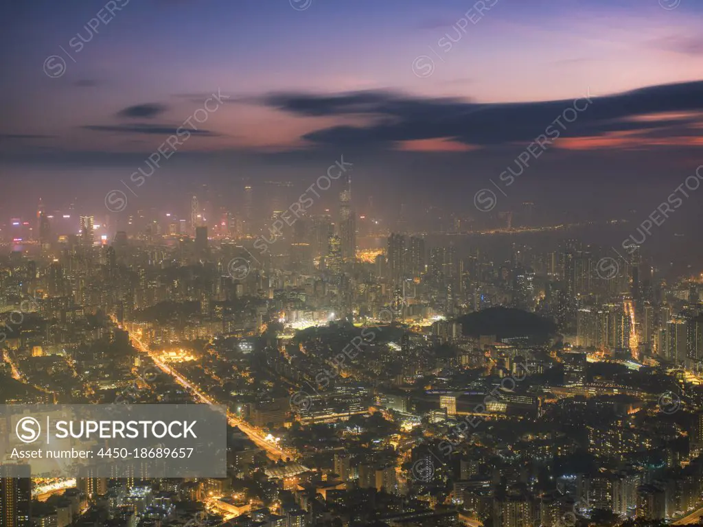 Hong Kong city lit up at night.