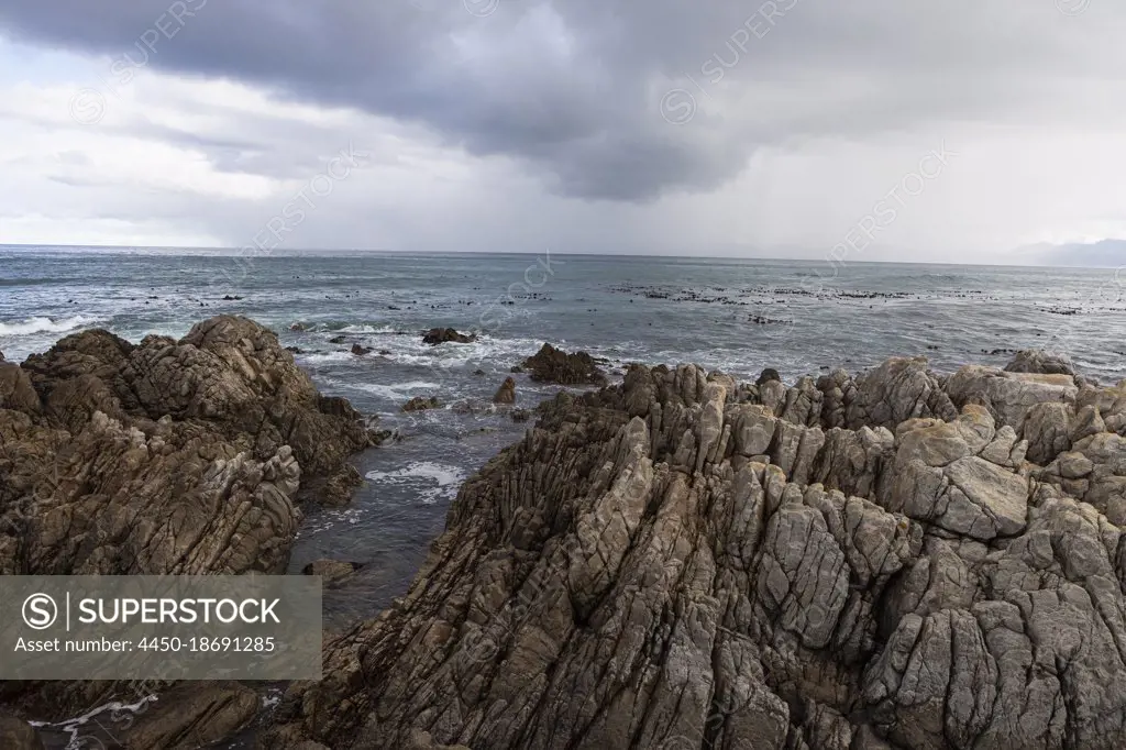 Rocky jagged coastline, eroded sandstone rock, view out to the ocean