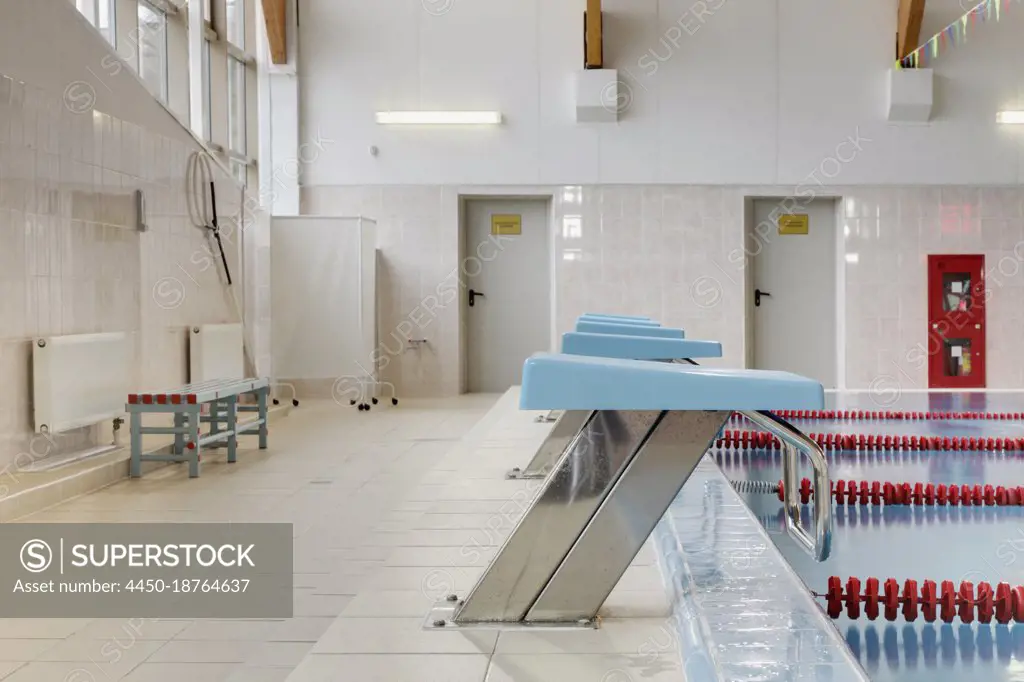 Heated indoor swimming pool, diving blocks, starting blocks for competition