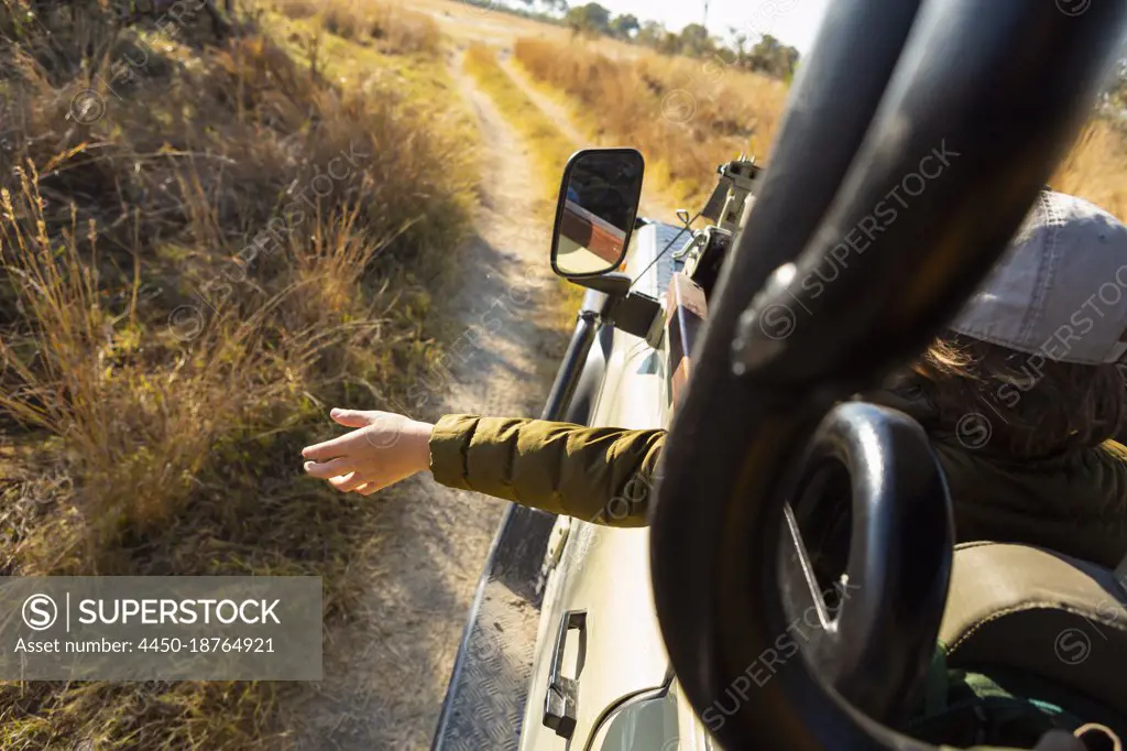 Young boy's hand reaching out from a safari vehicle