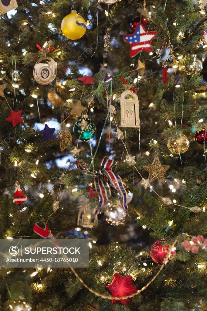 Close up of a Christmas tree, pine tree branch crowded with ornaments