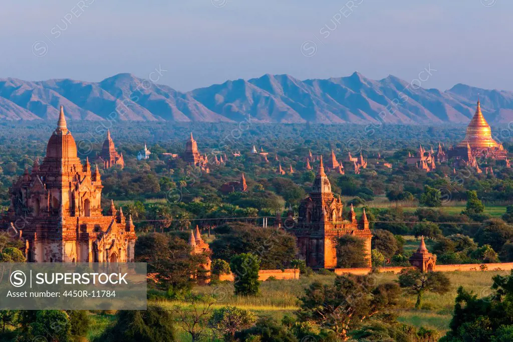 Stupas on the plains of Bagan, Myanmar. Bagan Archaeological Zone. Bagan, Myanmar