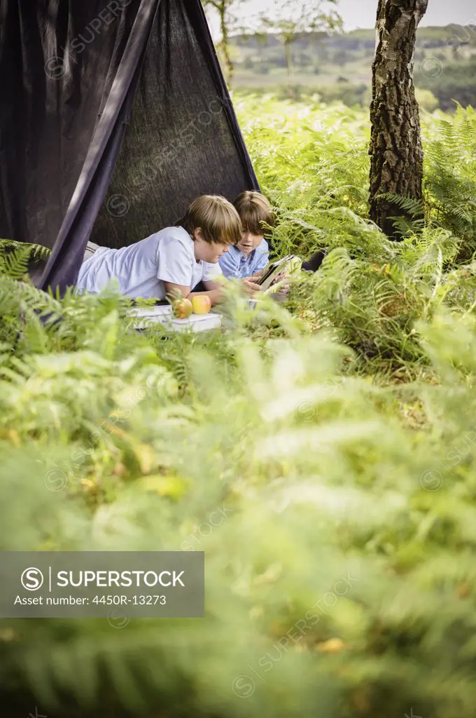 Two boys camping in the New Forest, lying under a canvas shelter. Hampshire, England. 08/06/2013