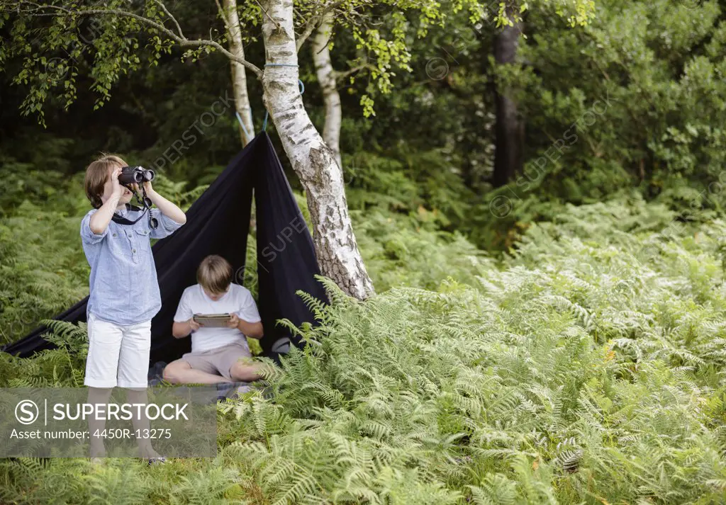 Two boys camping in New Forest. One sitting under a black canvas shelter.  One boy looking through binoculars. Hampshire, England. 08/06/2013