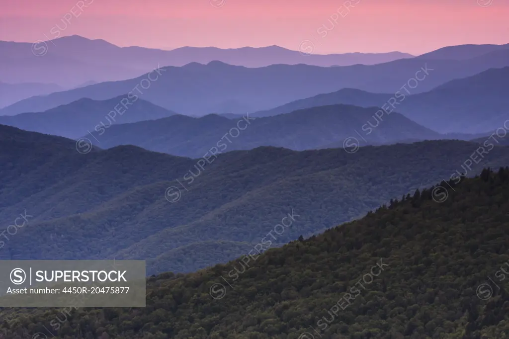 The Great Smoky Mountains in Tennessee at dusk.