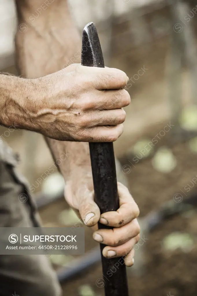 A man holding a metal dibber, for making planting holes in soil.