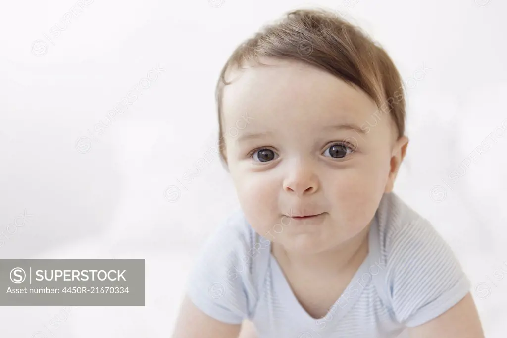 Portrait of baby boy with brown hair and brown eyes, looking at camera.