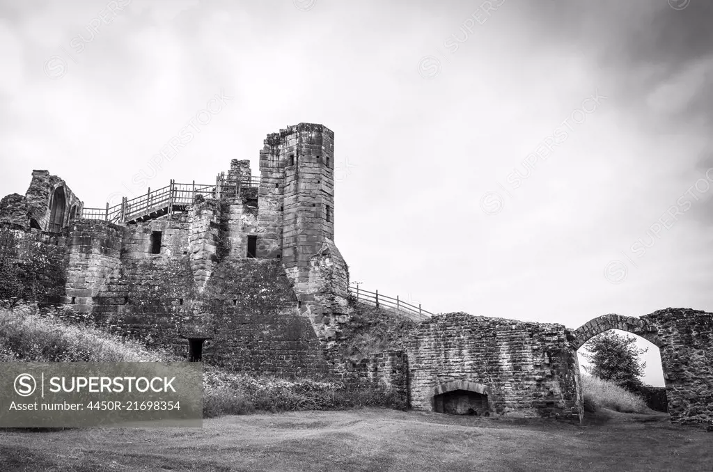 Exterior view of medieval keep of Kenilworth Castle, Warwickshire.