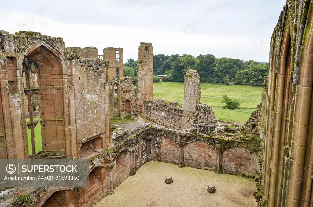 Exterior view of ruins of the medieval keep of Kenilworth Castle, Warwickshire.