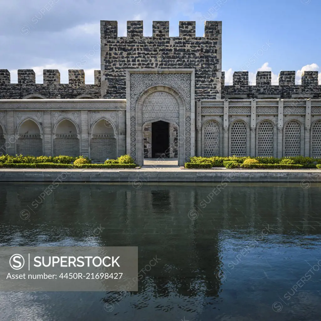 Exterior view of Rabati castle with battlements and arches, Akhaltsikhe, Georgia.