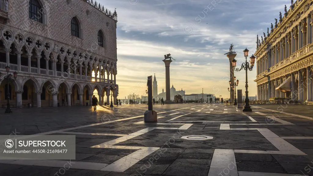 View across St Mark's Square, Venice, Italy, at sunrise.