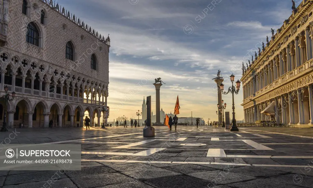 View across St Mark's Square, Venice, Italy, at sunrise.