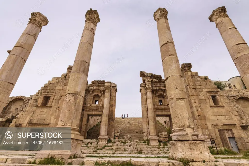 Ancient ruins and columns in Jerash in the North of Jordan.
