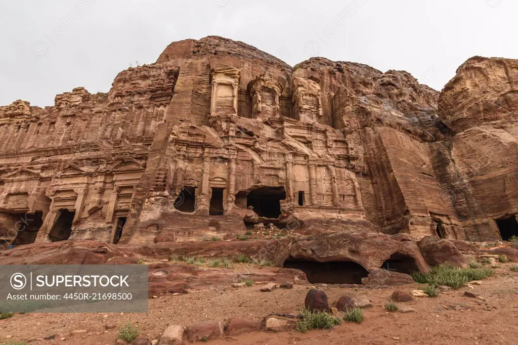 Exterior view of the rock-cut architecture at Petra, Jordan.