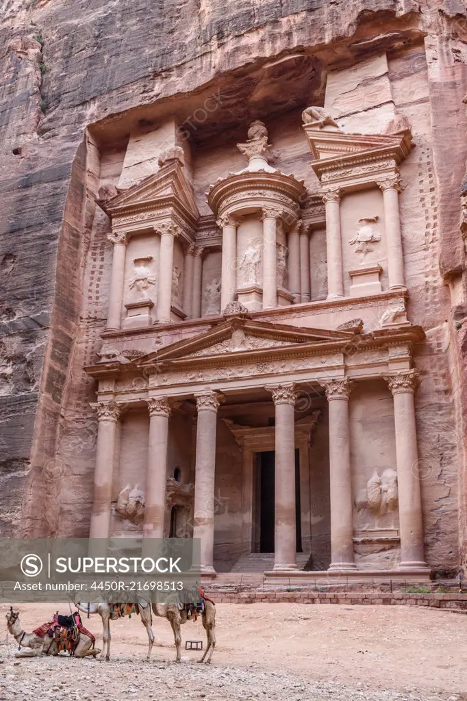 Exterior view of the rock-cut architecture of Al Khazneh or The Treasury at Petra, Jordan.