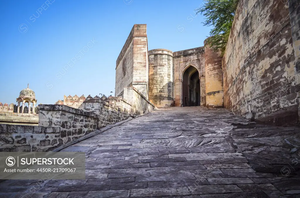 Exterior view of the 15th century Mehrangarh Fortress, Jodhpur, India.