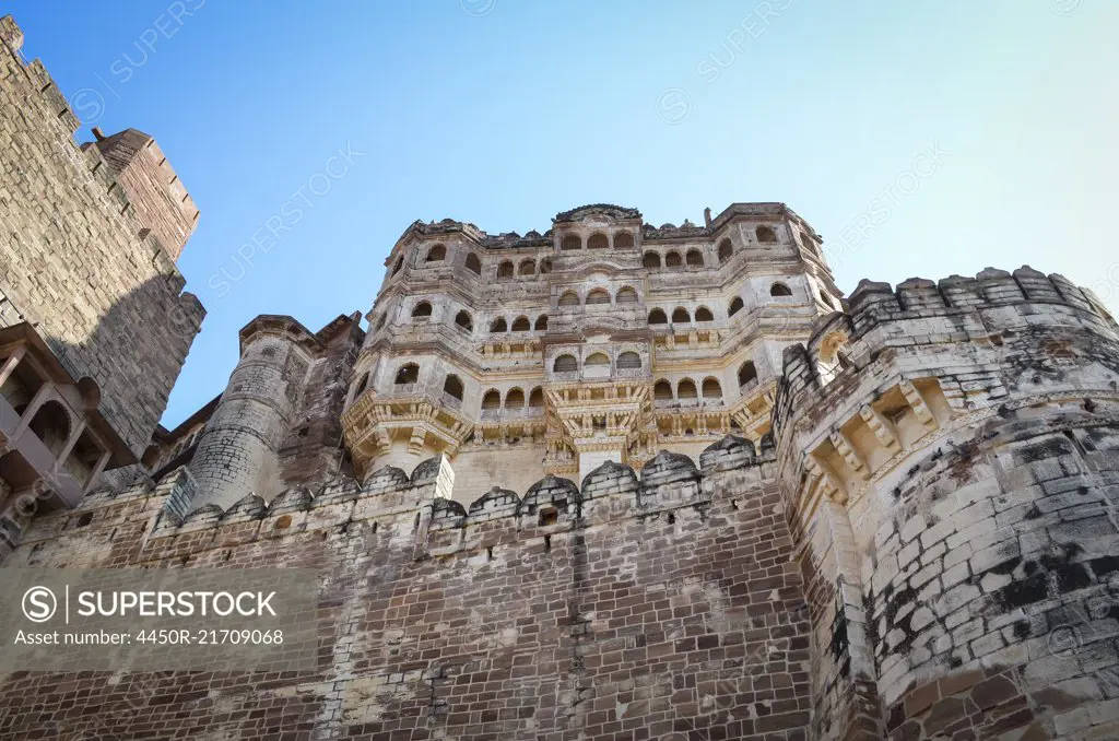 Low angle view of the 15th century Mehrangarh Fortress, Jodhpur, India.