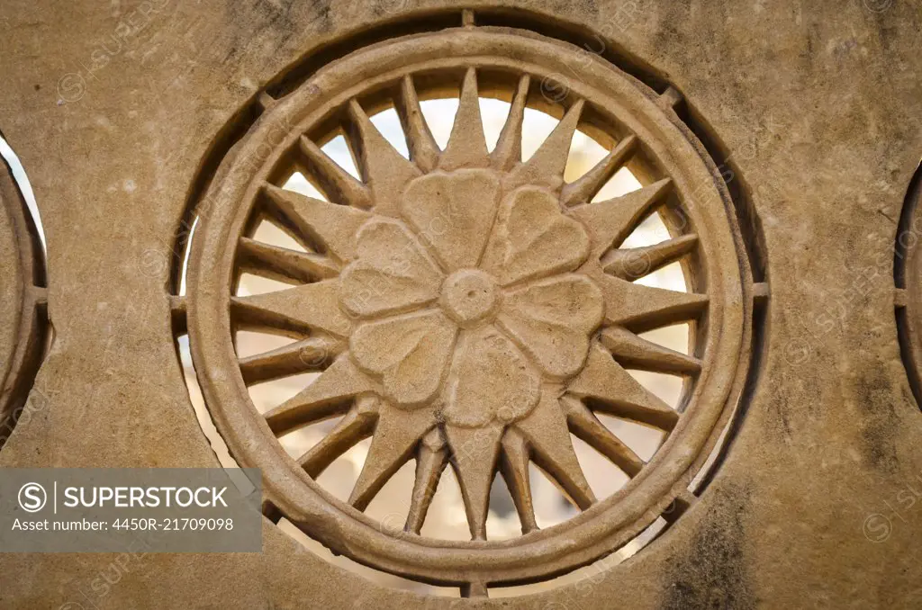 Architectural detail, carved sandstone in the historic hill fort buildings in Jaisalmer.