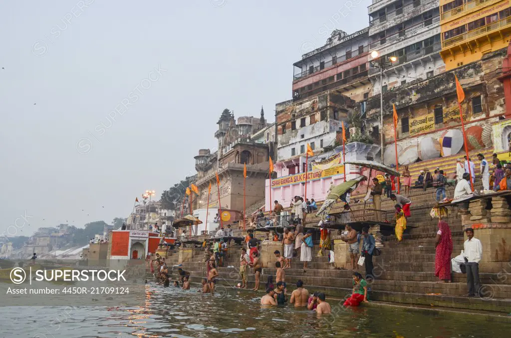 Crowds on the riverbank of the Ganges in Varanasi, India.