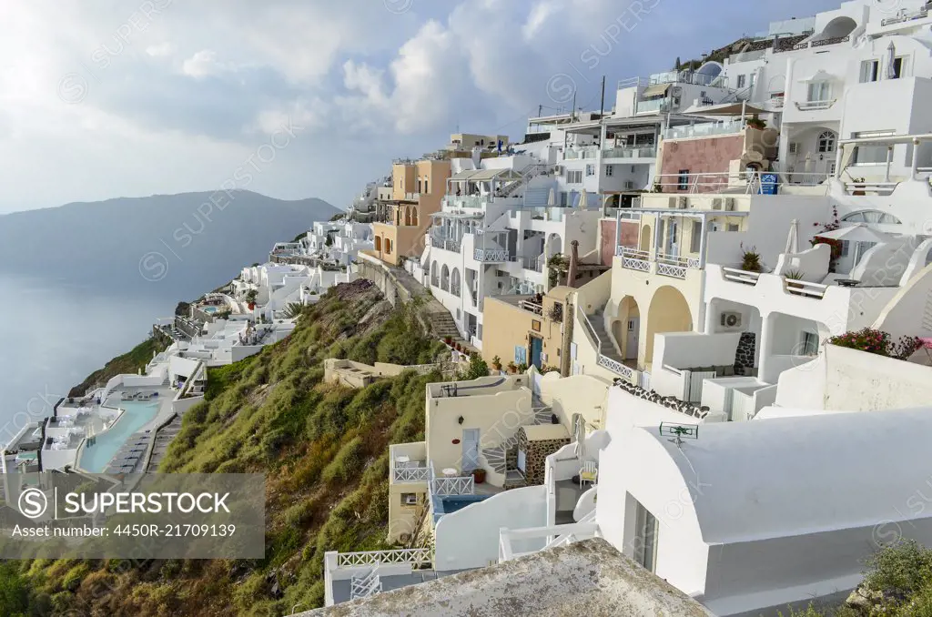 View of traditional whitewashed buildings on the island of Santorini, Greece.