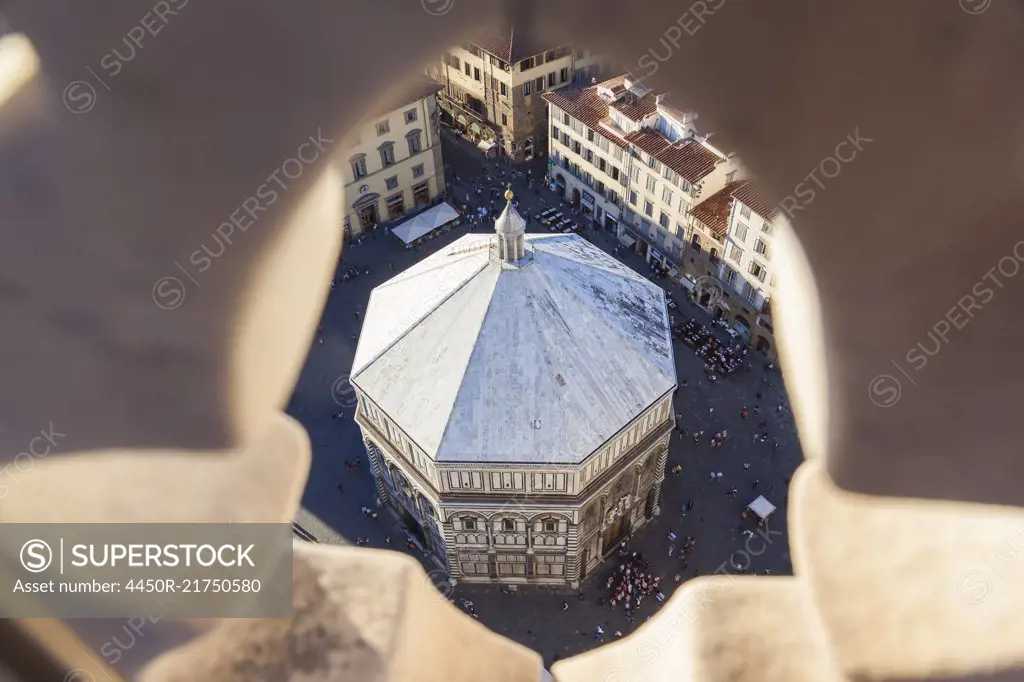 High angle view of the baptistry in Piazza del Duomo, Florence, Italy.