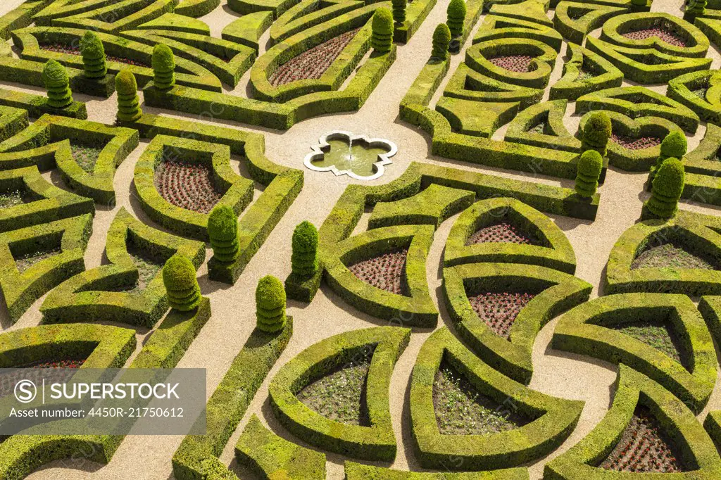 High angle view of parterre in the formal gardens of a baroque chateau.