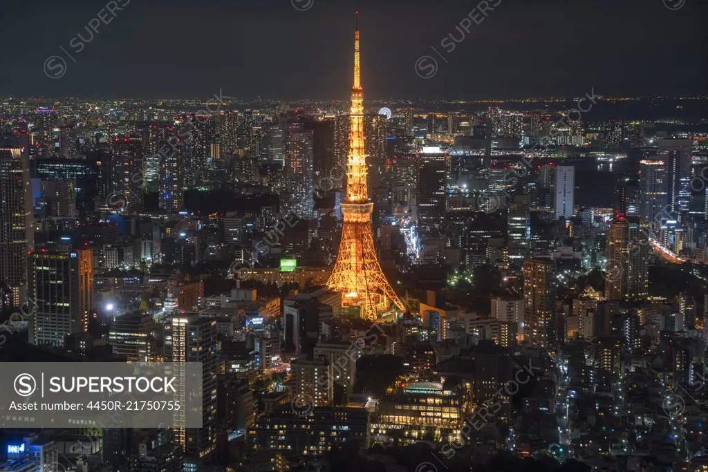 Cityscape of large city with illuminated skyscraper at night.