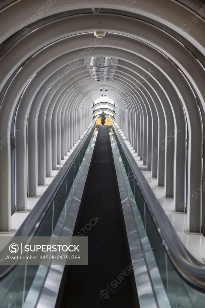 Interior view of contemporary building with escalator running across glass atrium with arched ceiling.