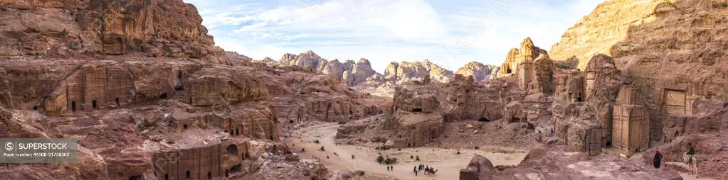 Panoramic view of  rock-cut architecture at Petra, Jordan.