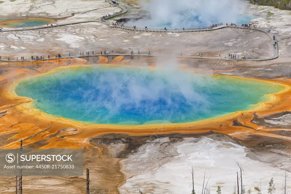 High angle view of Grand Prismatic Spring, Midway Geyser Basin, Yellowstone National Park, Wyoming, USA.