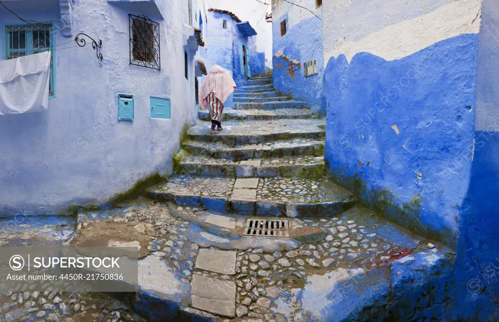 Rear view of person climbing cobblestone steps lined with blue washed traditional North African houses.